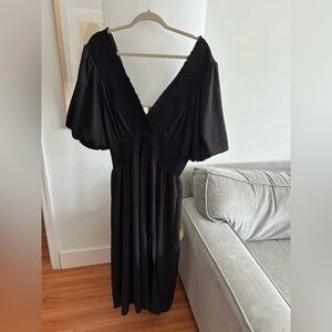 Black Empire Waist Peasant Boho Maxi Dress V Neck Off The Shoulder XL